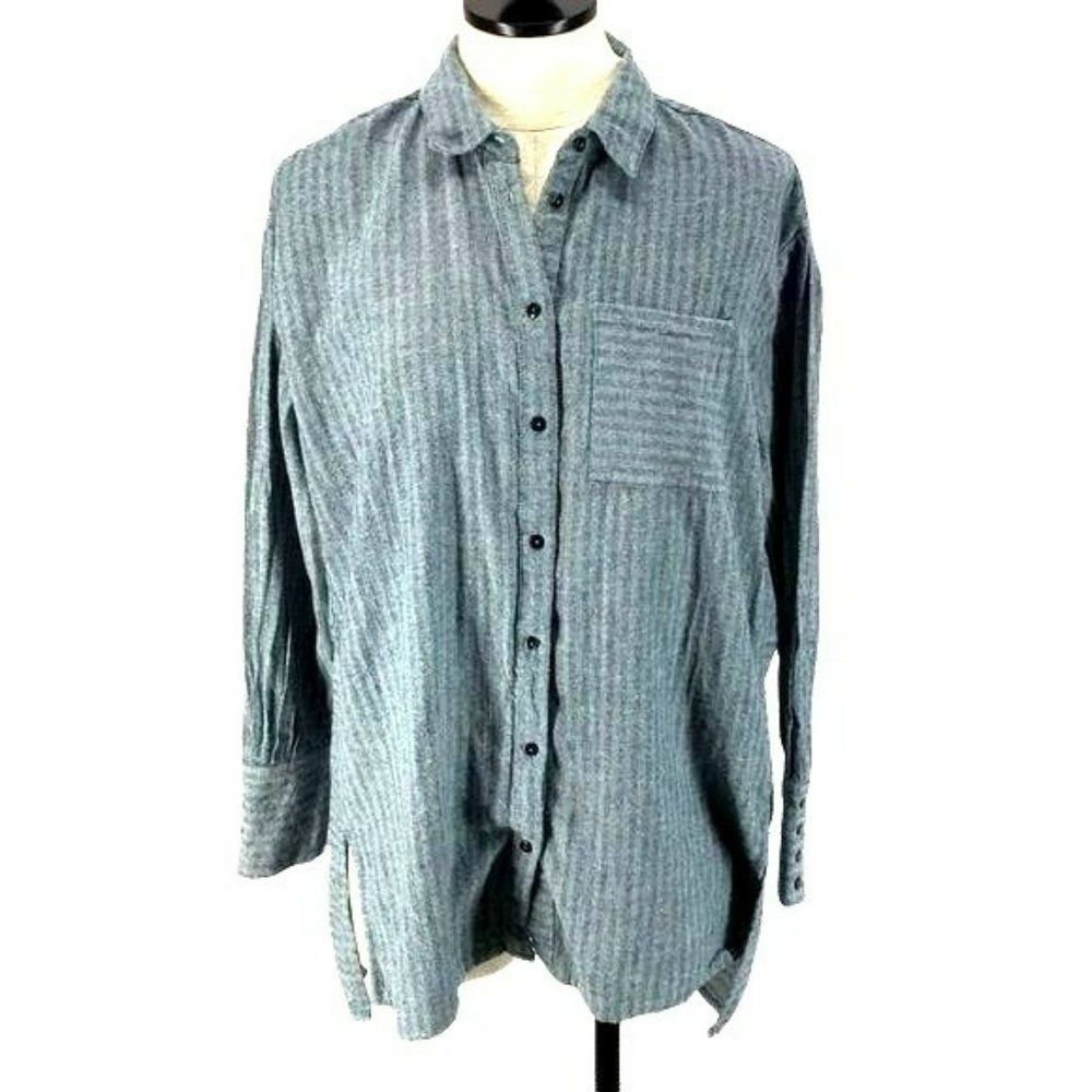 Mittoshop Women's Blue Gray Cotton Hi Low‎ Striped Button Down Blouse Size Small